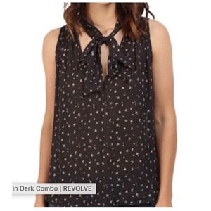 Free People Revolve‎ Sleeveless Tie Neck Bow Tank Blouse Black Print Women's M